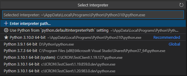 Select python Interpreter :: ICRON Documentation