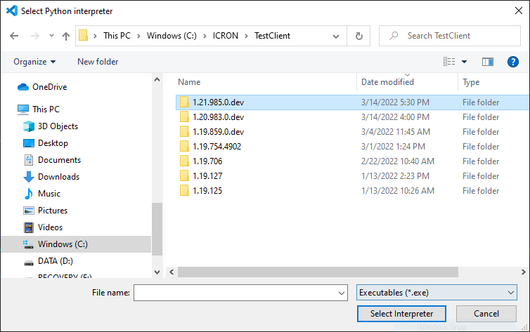 Select python Interpreter :: ICRON Documentation